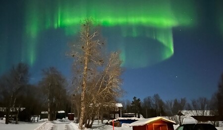 Intensives grünes Polarlicht über verschneiten Häusern in Schwedisch-Lappland für Singles & Alleinreisende.