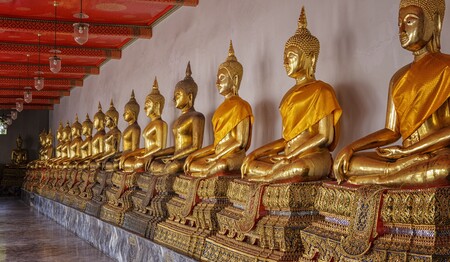 Reihe goldener Buddha-Statuen im Wat Pho Tempel – kulturelles Highlight auf Singlereise in Thailand