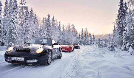 Sportwagen fahren hintereinander durch verschneiten Winterwald in Schwedisch-Lappland für Singles & Alleinreisende.