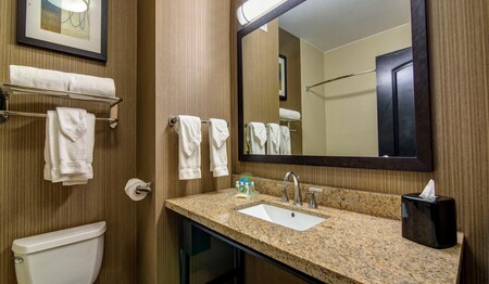 Badezimmer mit großem Waschtisch, Spiegel und frischen Handtüchern im Holiday Inn Express Huntsville.