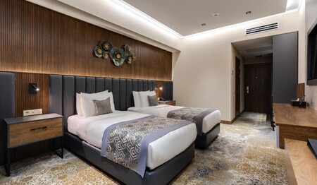Ein modern eingerichtetes, klimatisiertes Zweibettzimmer mit stilvoller Wandgestaltung im Hotel Shamsan in Taschkent.